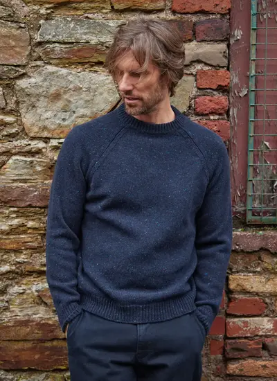 Aidan Wool Cashmere Tweed Crew in Navy